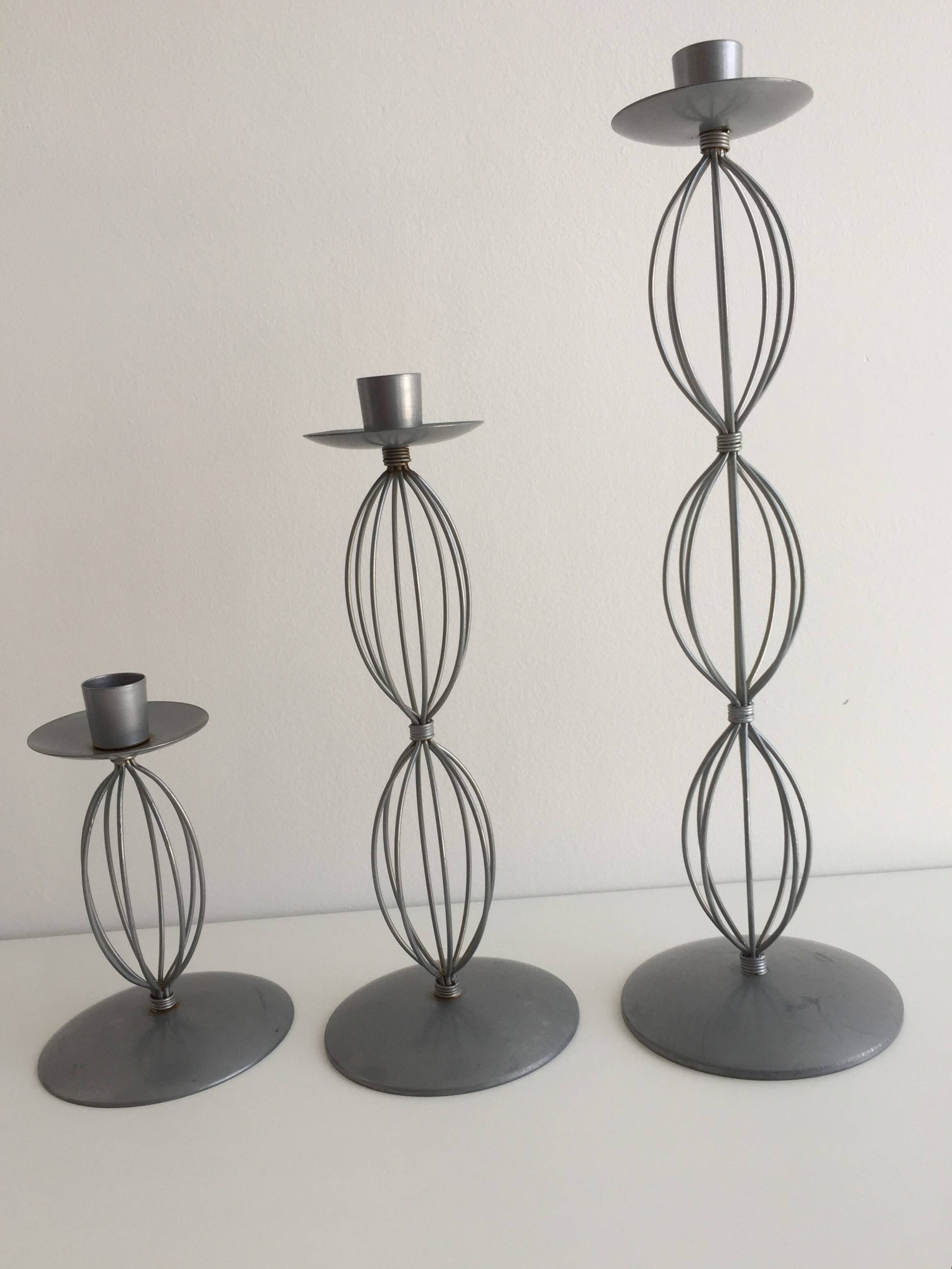 Trio of Candleholders Contemporary Candlesticks Design Metal Old Silver