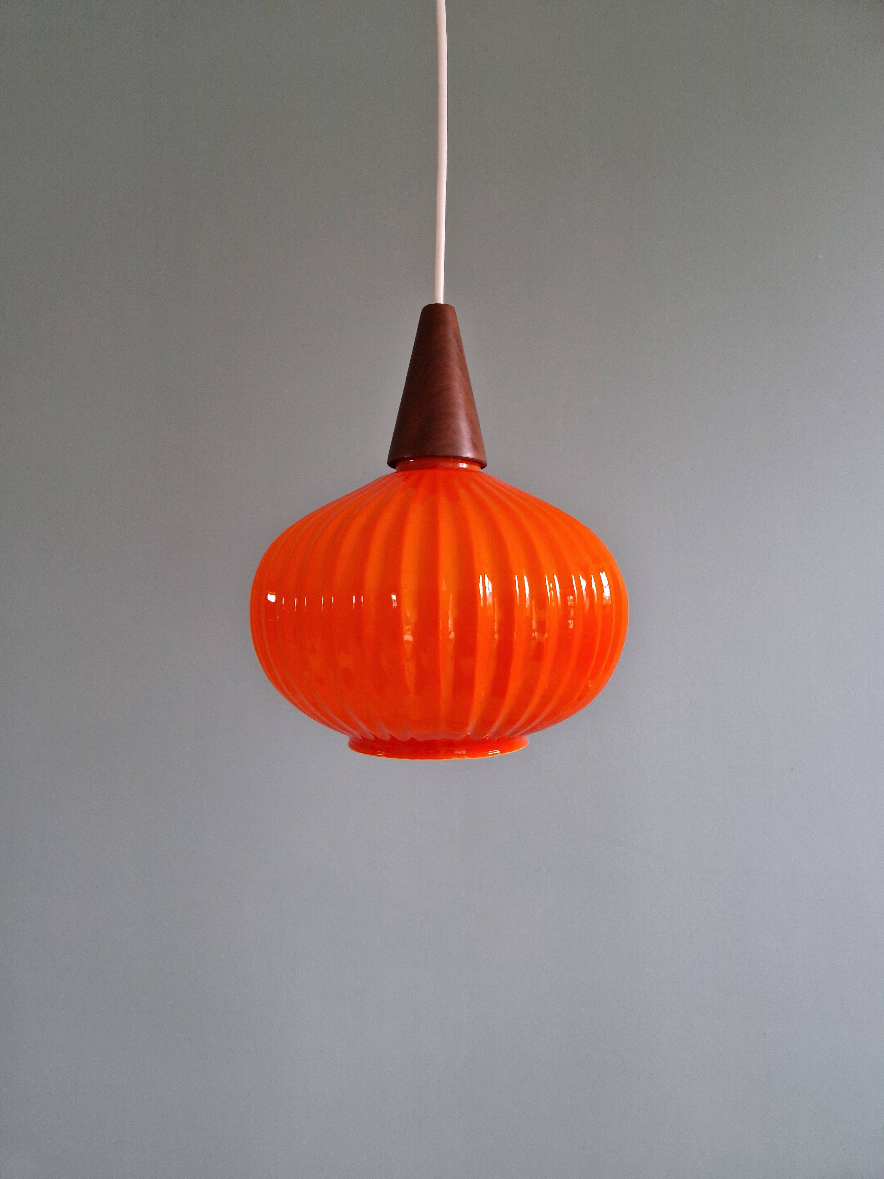 Teak and orange opaline suspension, Scandinavian style, 1960.