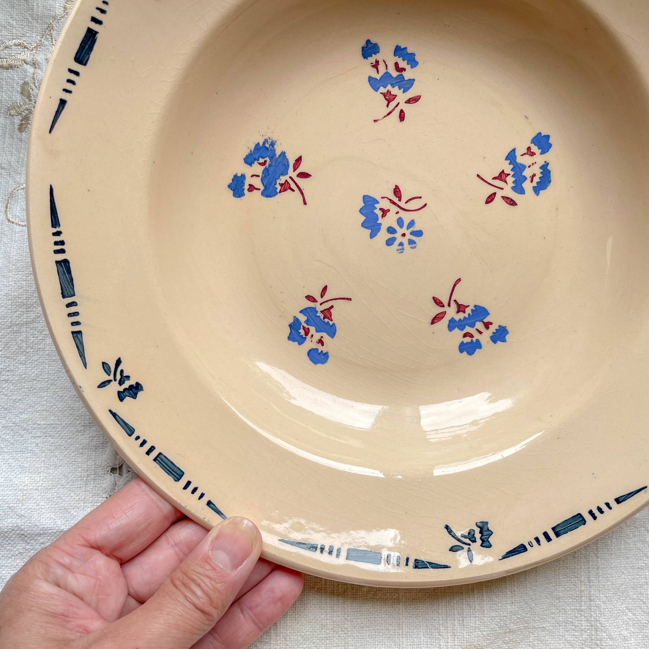 6 vintage K&G Luneville "Flore" porcelain soup plates, 1950s, small blue flowers