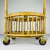 Vintage round service trolley in bamboo and rattan, 1960s