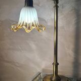 1970 brass lamp with amber and white murano style tulip, slight trace of time, 59x30