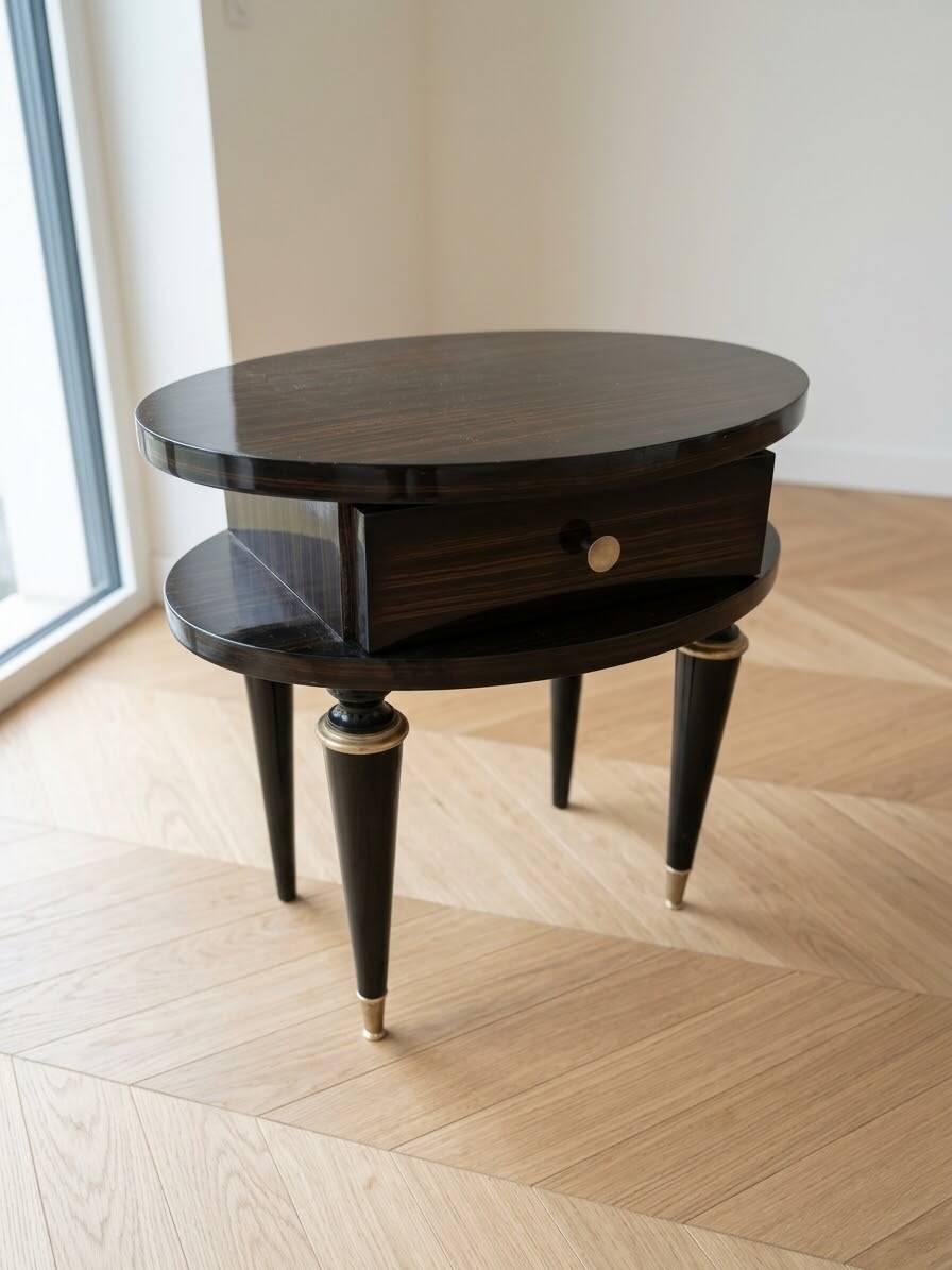 Art Deco bedside table in black wood with gold details.