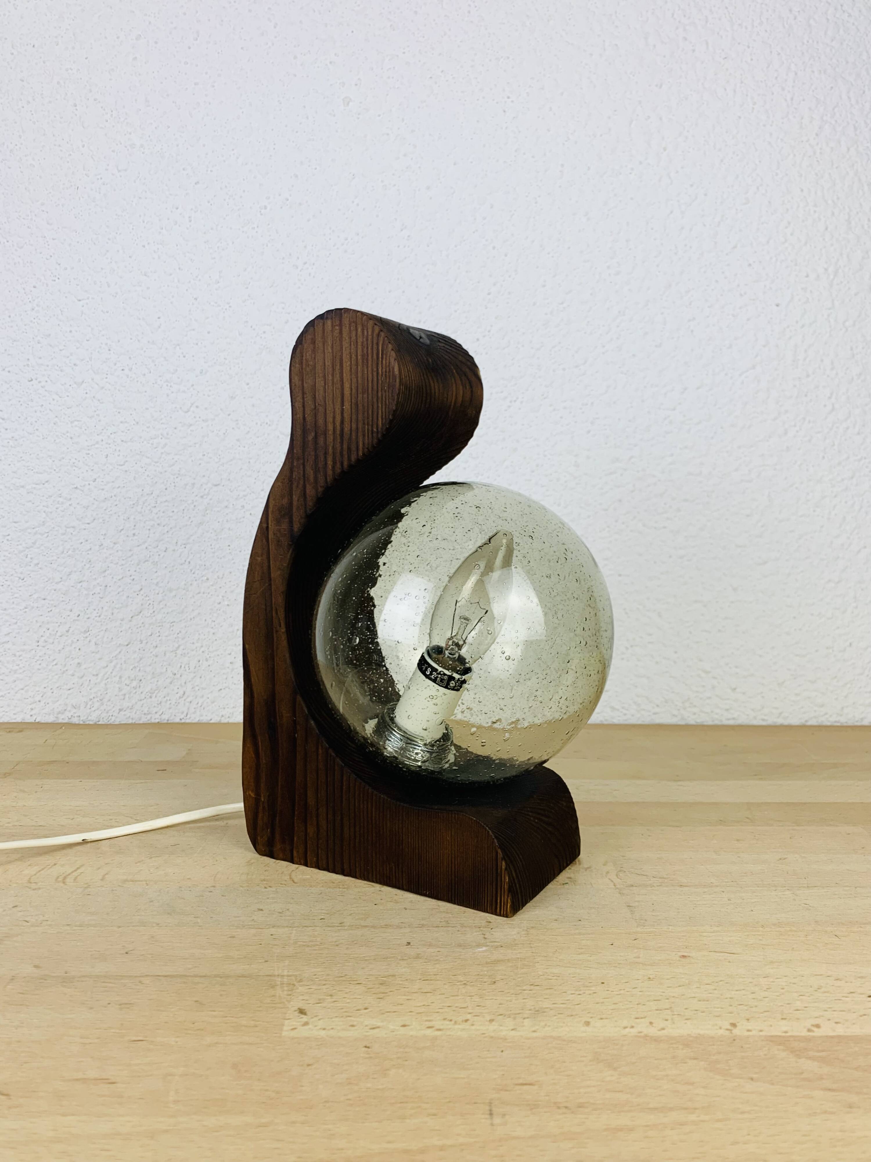 Brutalist lamp Temde Leuchten 1970s pine and glass globe