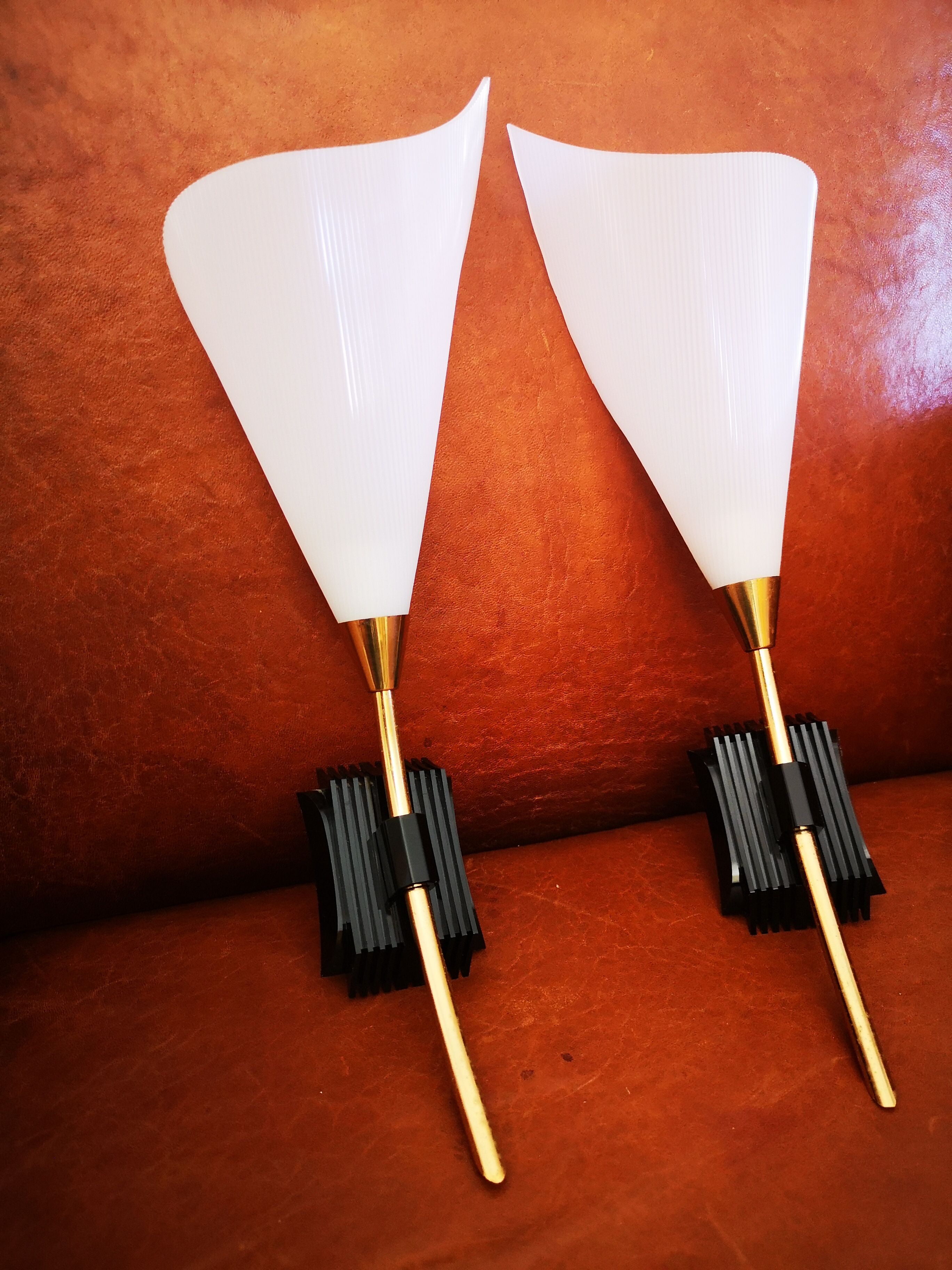 Pair of vintage 50s brass and fluted plexiglass sconces
