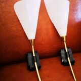 Pair of vintage 50s brass and fluted plexiglass sconces