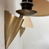 Pair of vintage brass and beige fabric wall lights, France 1970