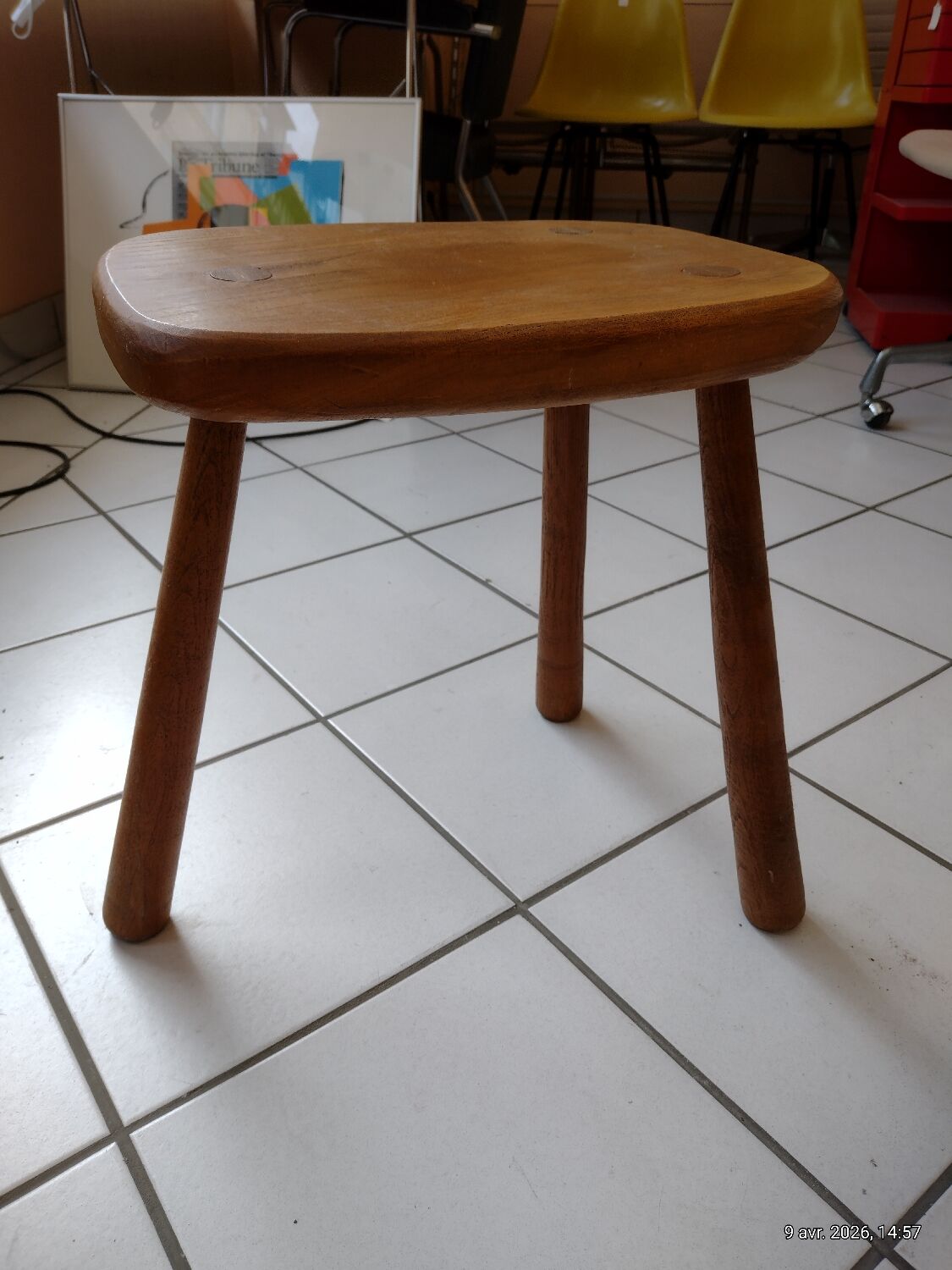 Vintage solid wood stool in brutalist style