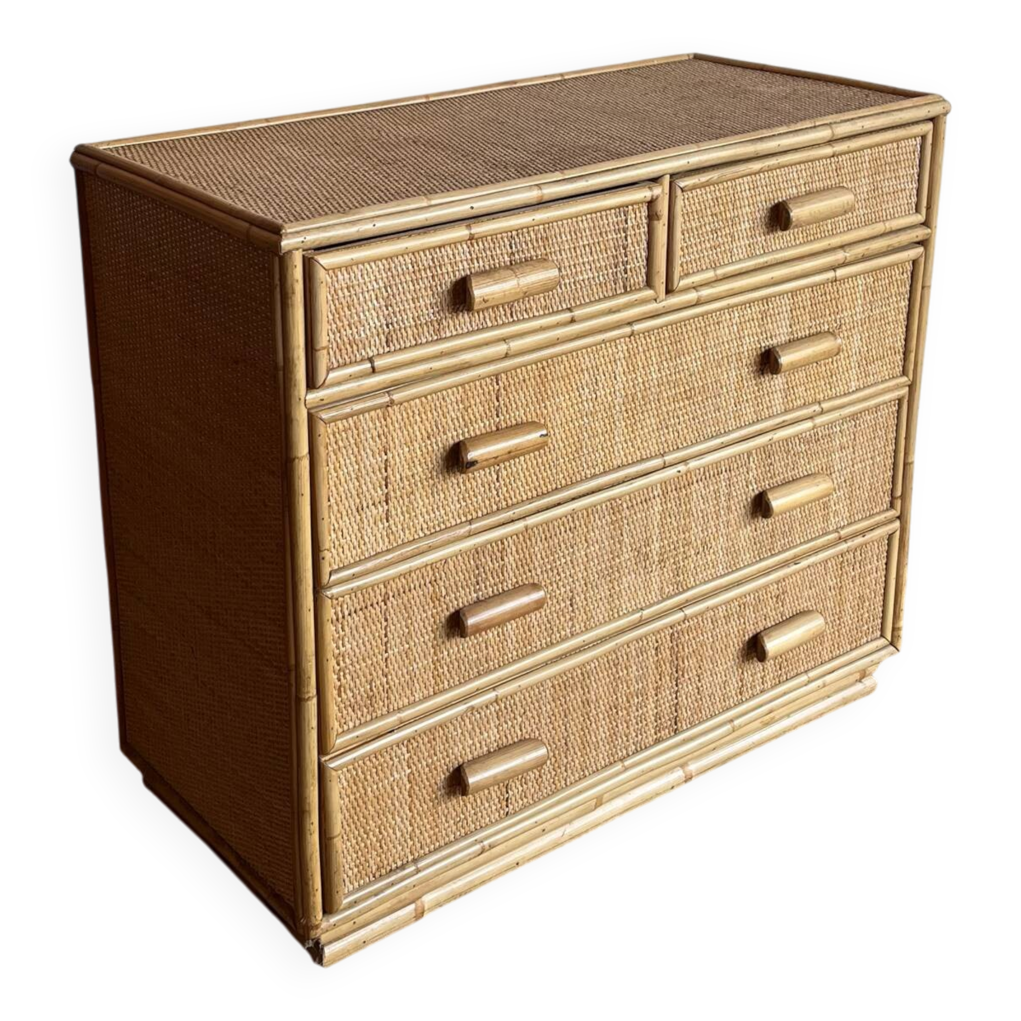 Vintage woven rattan bamboo chest of drawers