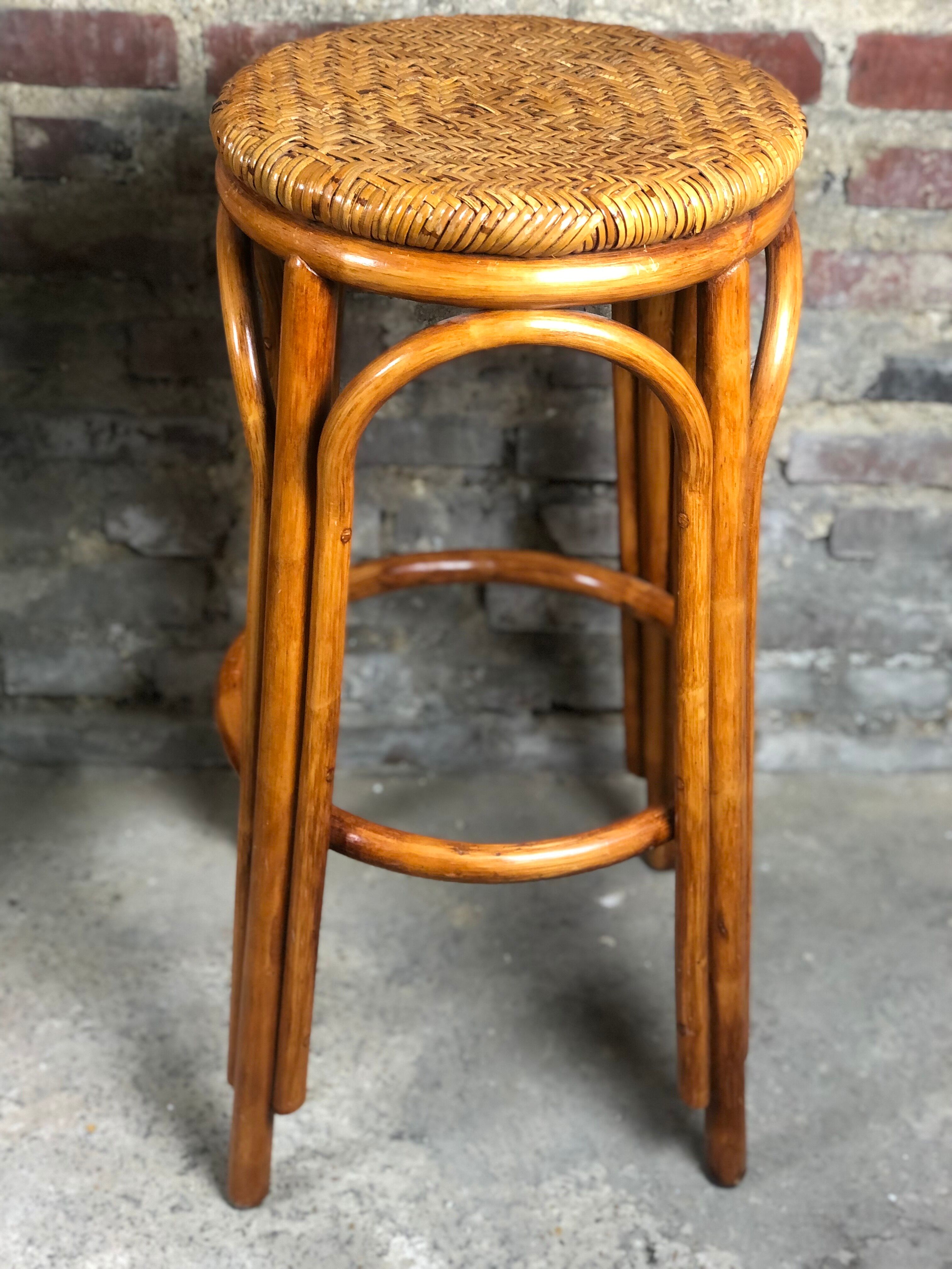 Bar and its 3 vintage stools in rattan and bamboo 1960'S