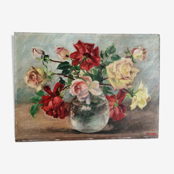 Oil on still life panel with roses