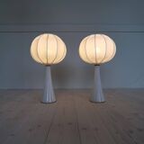 Pair of mid-century opaline glass table lamps with cotton shades by Bergboms, Sweden, 1960.