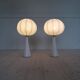 Pair of mid-century opaline glass table lamps with cotton shades by Bergboms, Sweden, 1960.