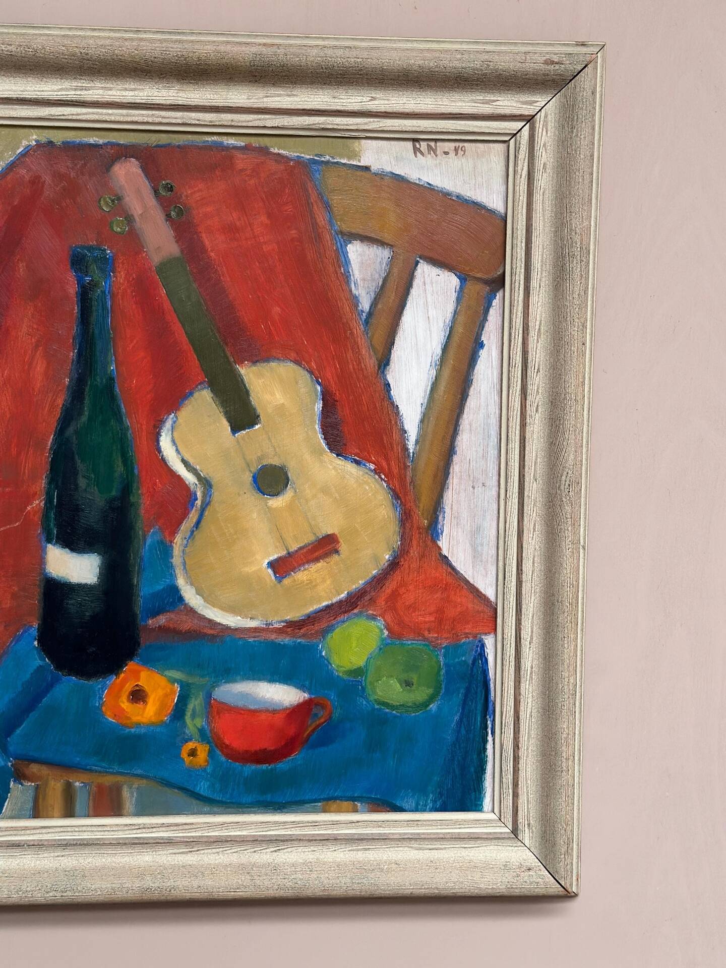 Swedish Oil on Canvas – “Still Life with Guitar and Wine Bottle”