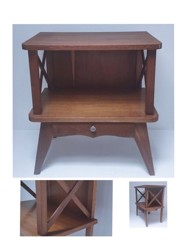 table chevet bois croisillons pieds compas vintage