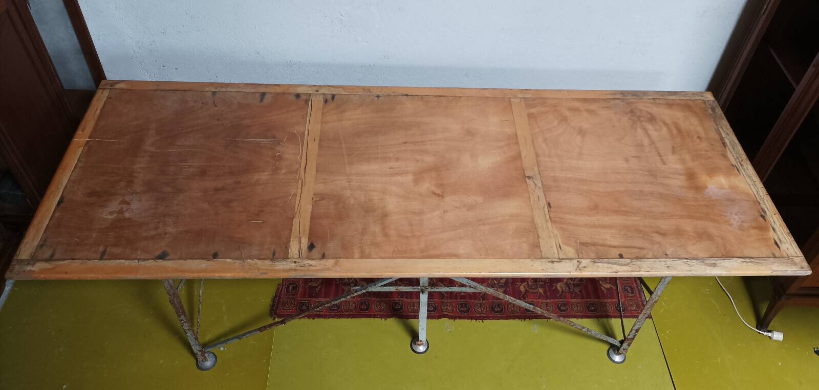 Large industrial table made of metal and beech.