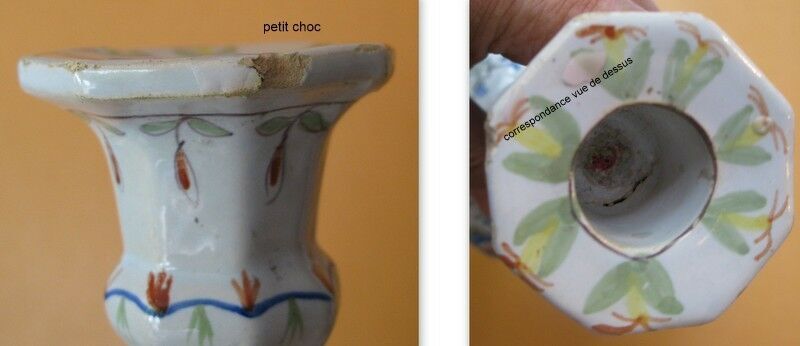 Pair of antique earthenware candlesticks with Rouen decor