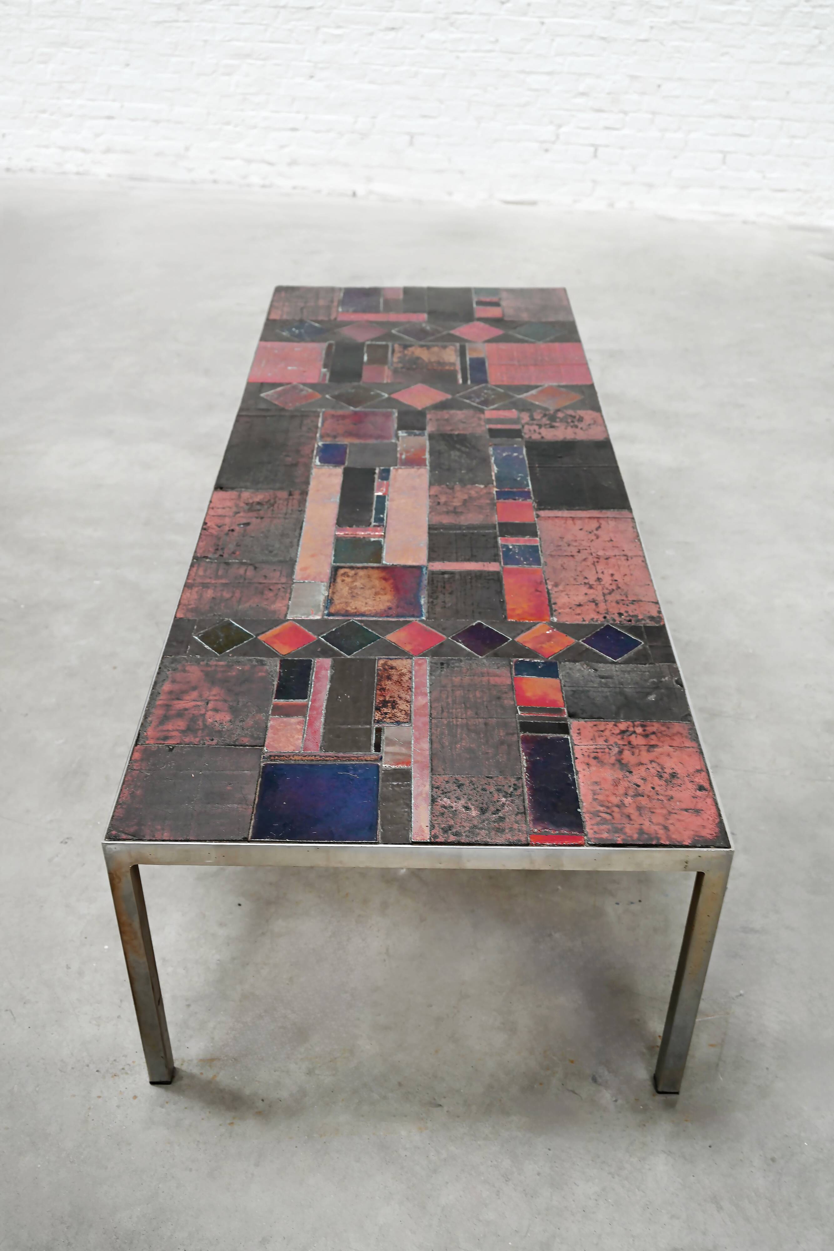 Large Ceramic-Tile Coffee Table by Pia Manu, Handcrafted, Belgium 1960's
