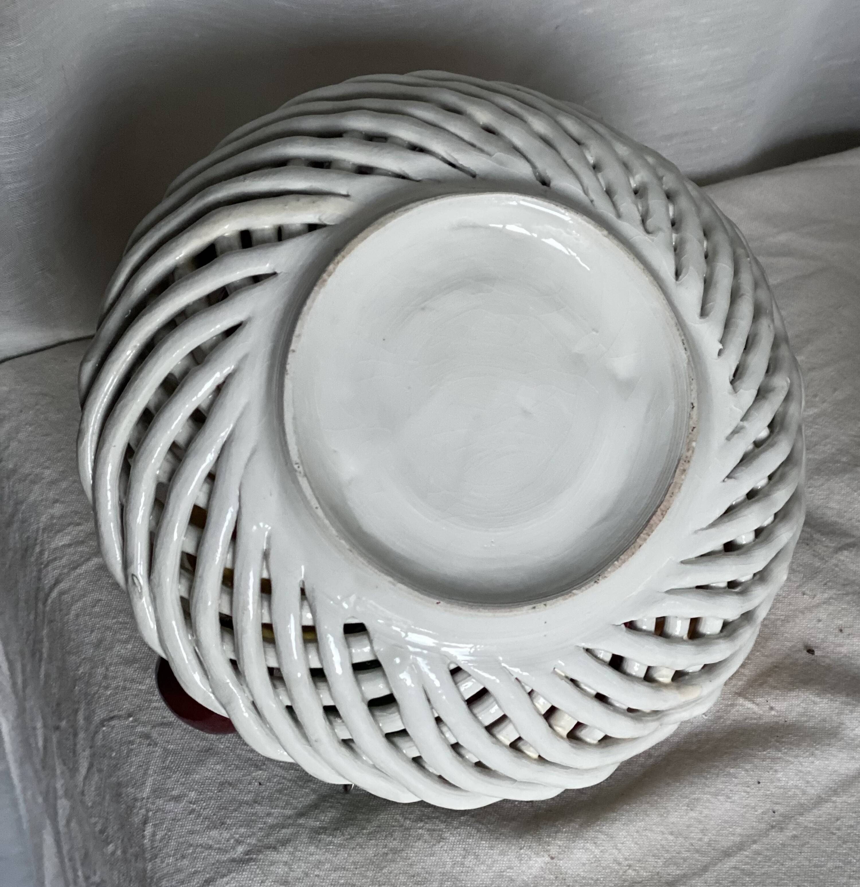 Vintage 1960s Trompe-l'Œil Fruit Basket in Woven Ceramic with Slipware