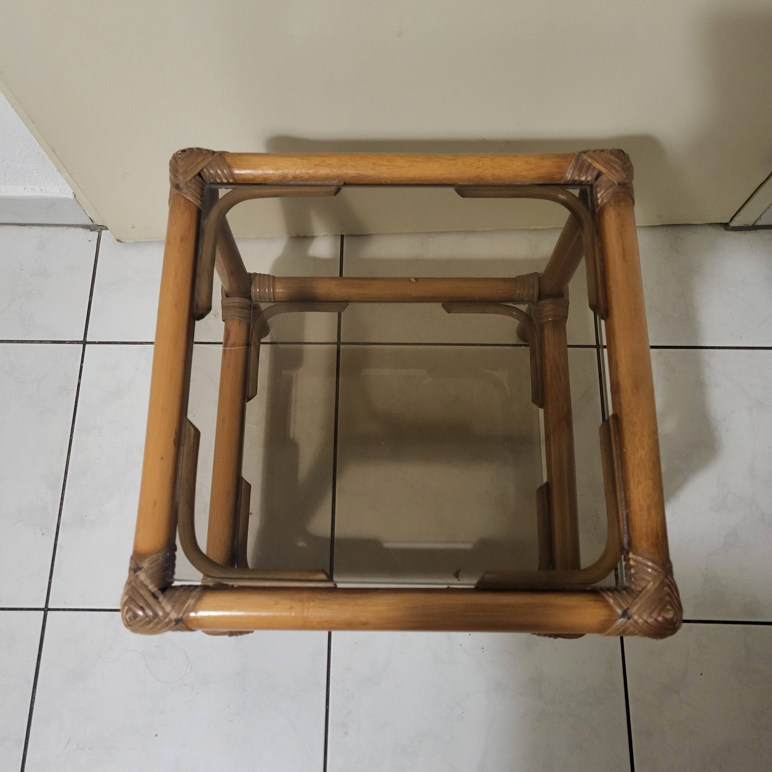 Table, side table in rattan and smoked glass from the 60s, vintage