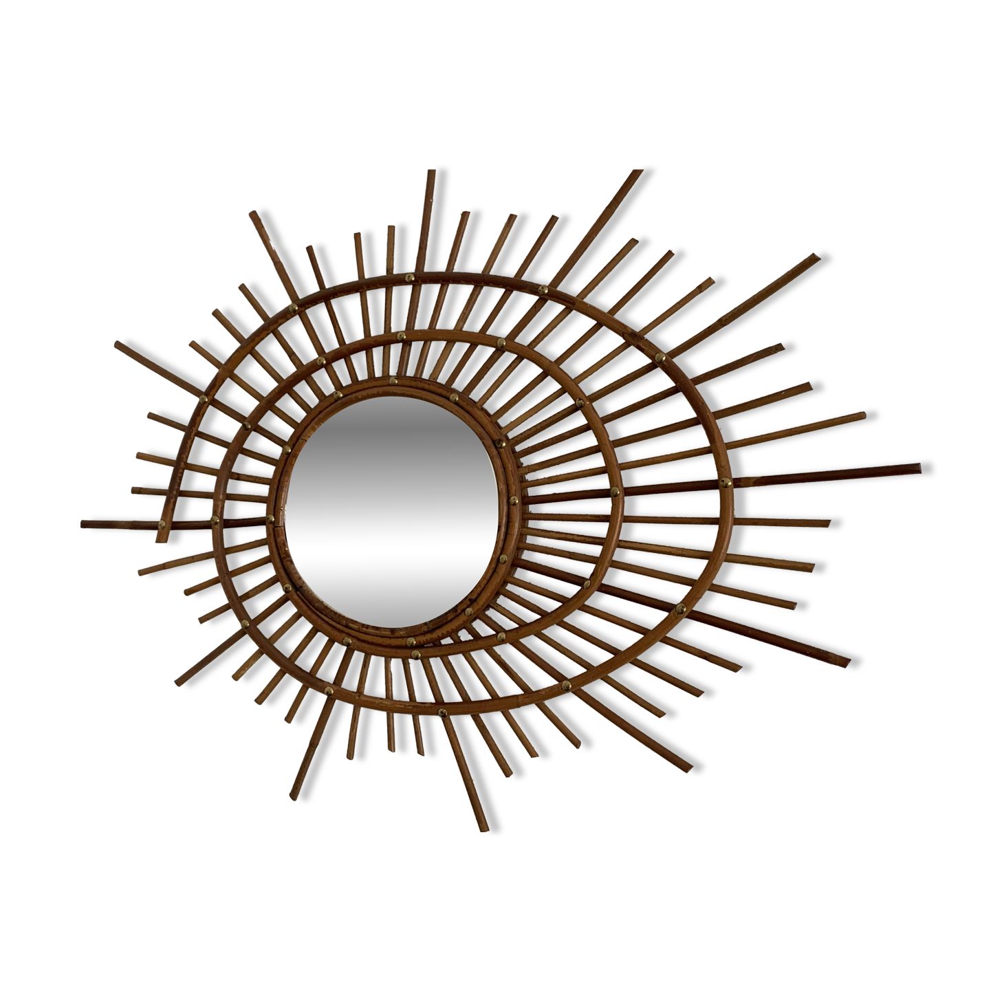 Vintage 1960s sunburst mirror, rattan wicker, ortf spiral design - 68 x 52 cm