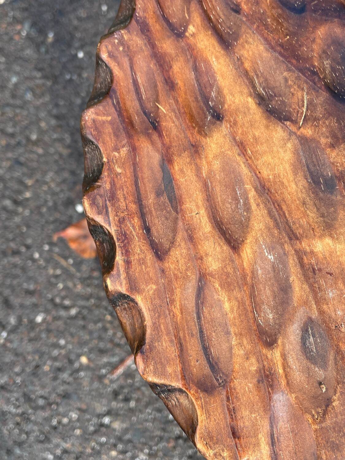 Brutalist low tripod wooden stool