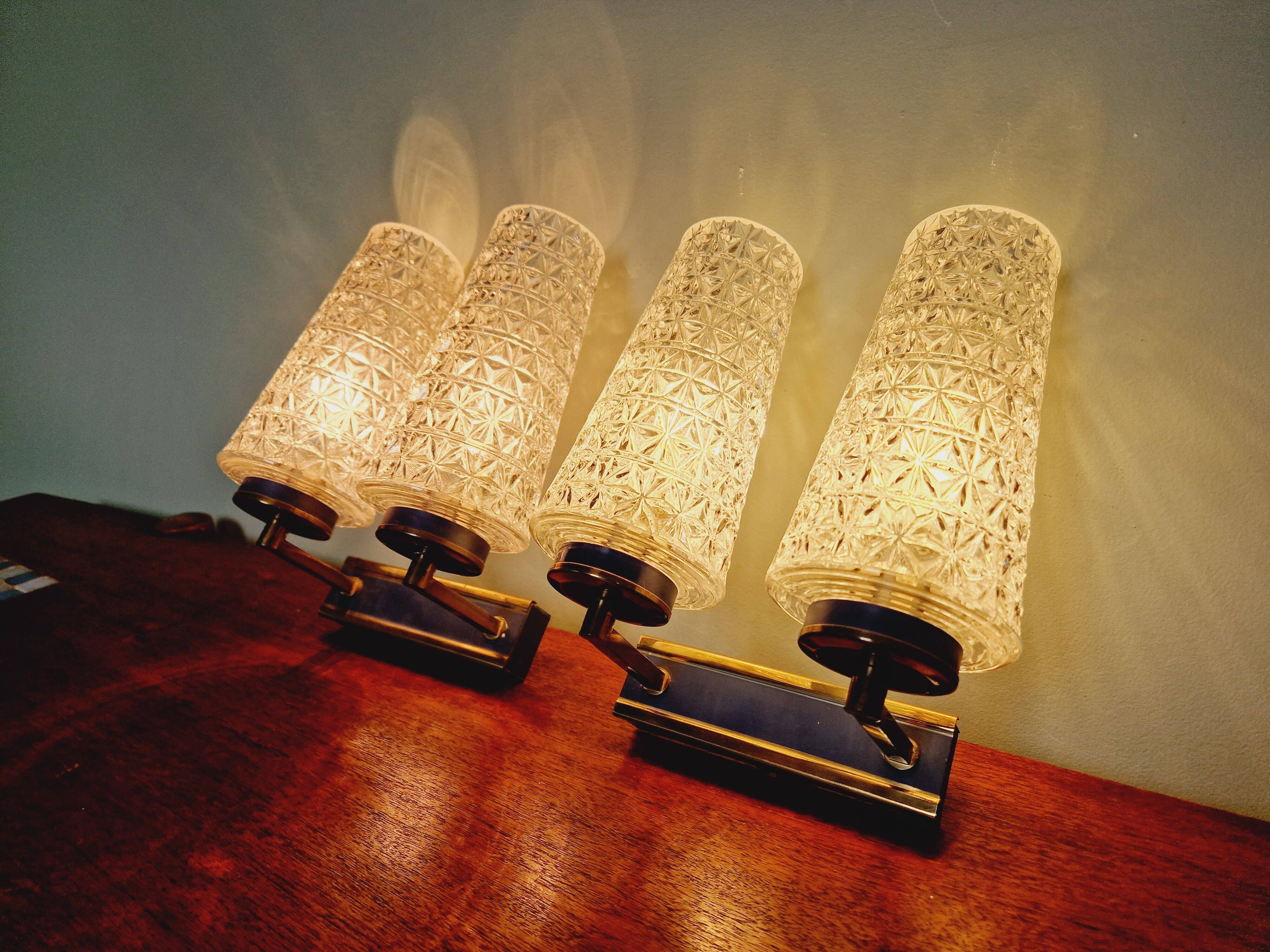 Pair of double wall lights in glass and blue lacquered metal, 1950s-60s