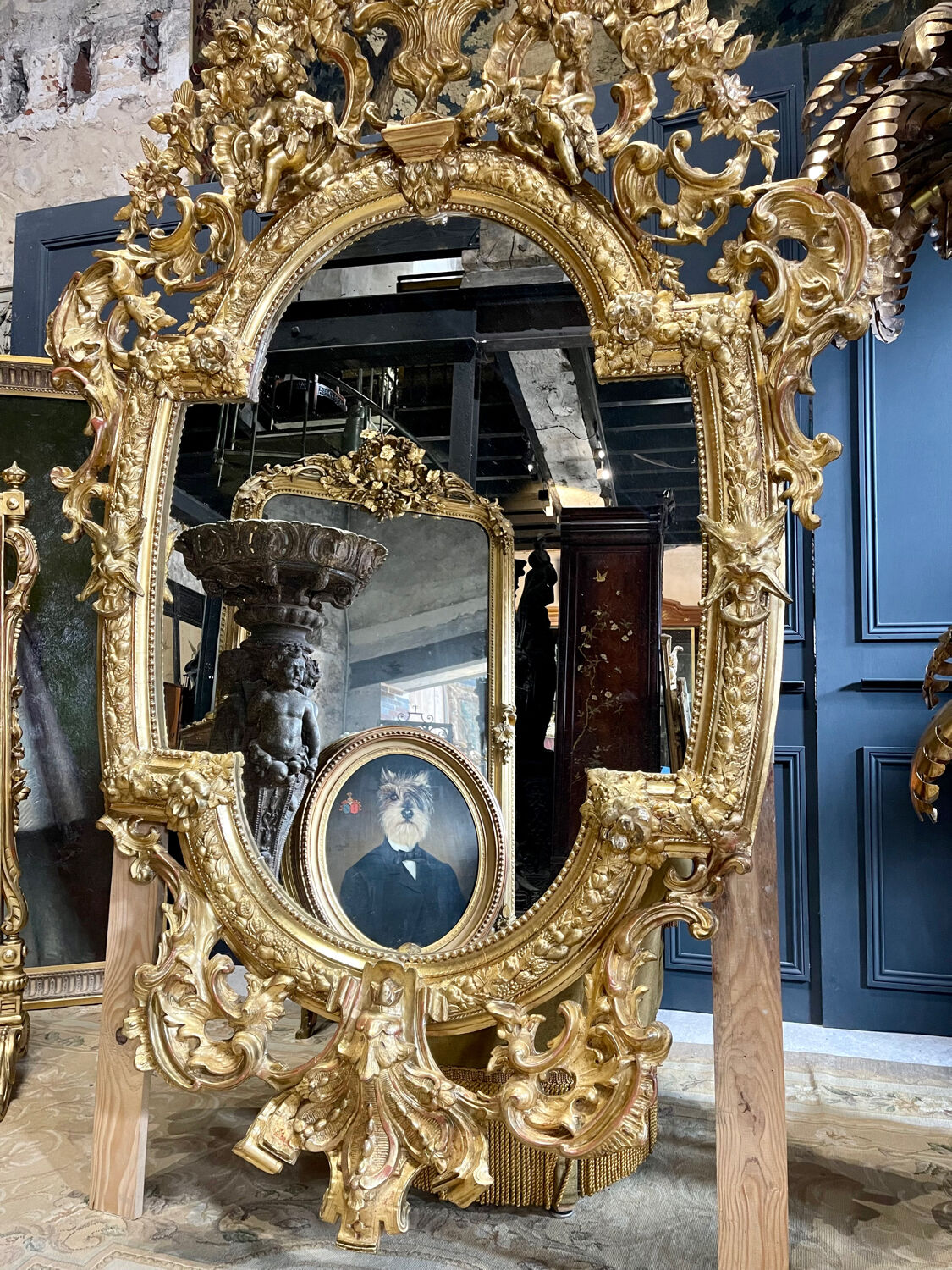Mirror with Putti in Gilded Wood from the Napoléon III Period 1.96m x 1.33m