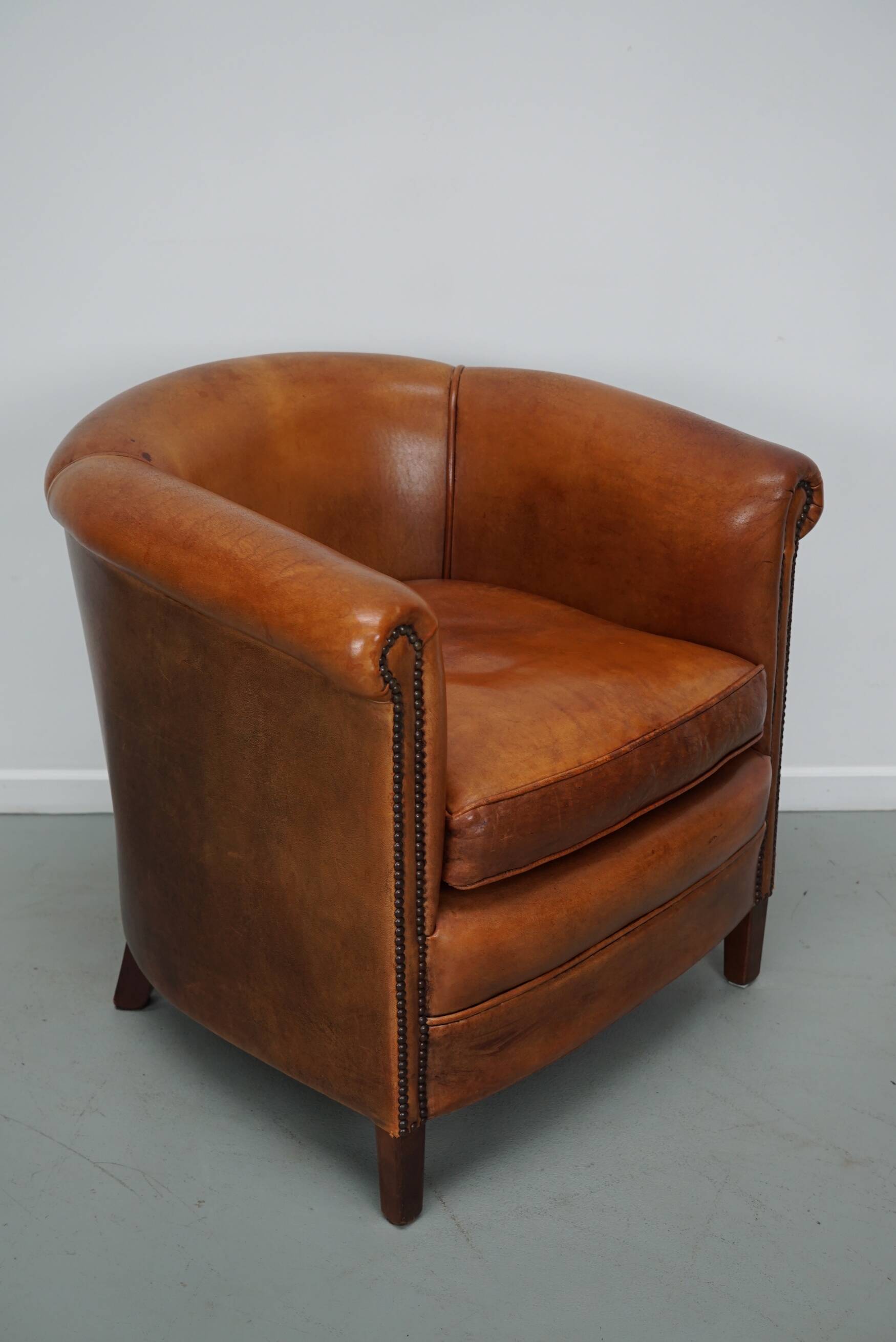 Fauteuil club vintage hollandais en cuir cognac