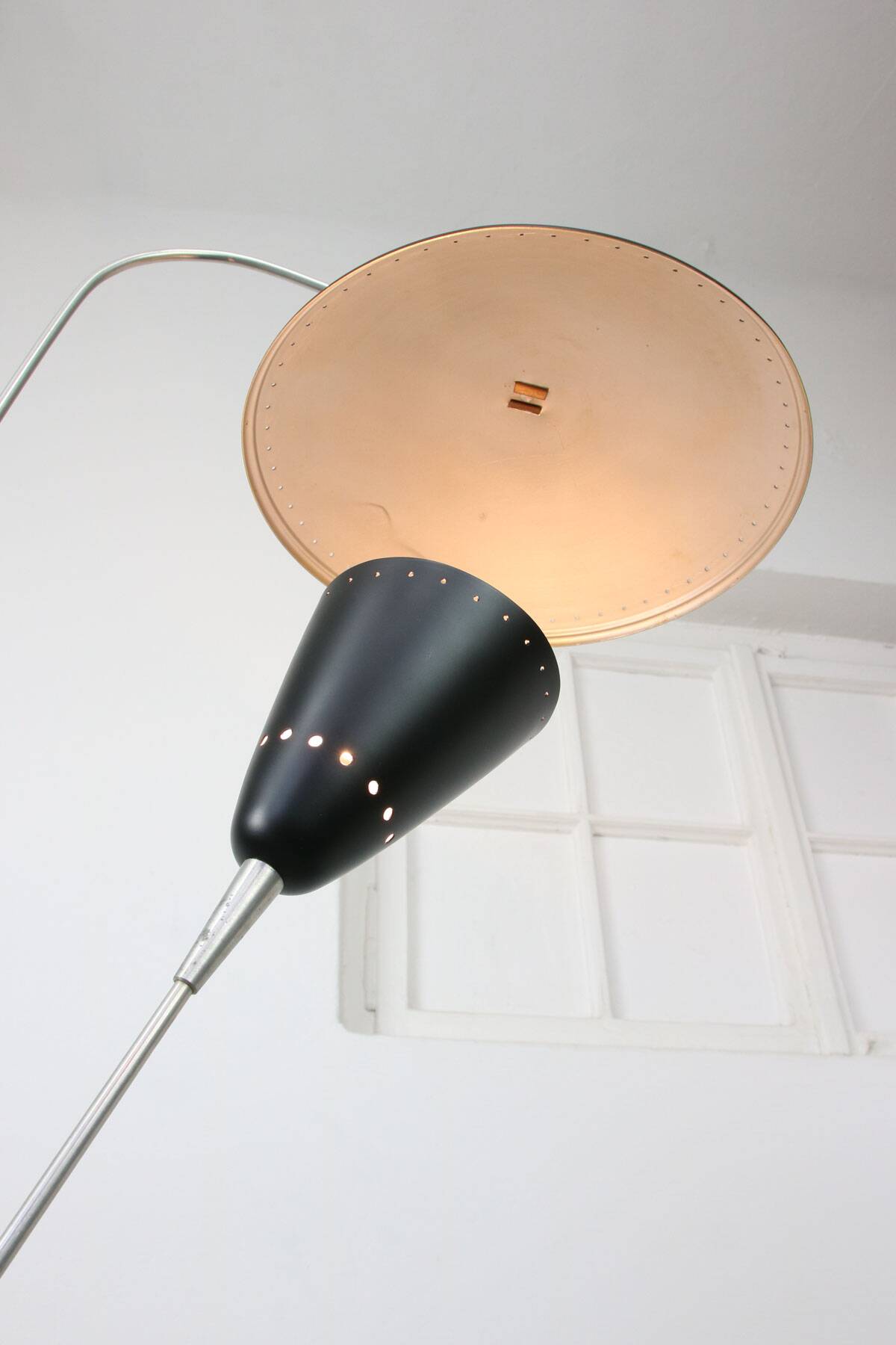 Mid-century italian aluminum & wood floor lamp with reflector
