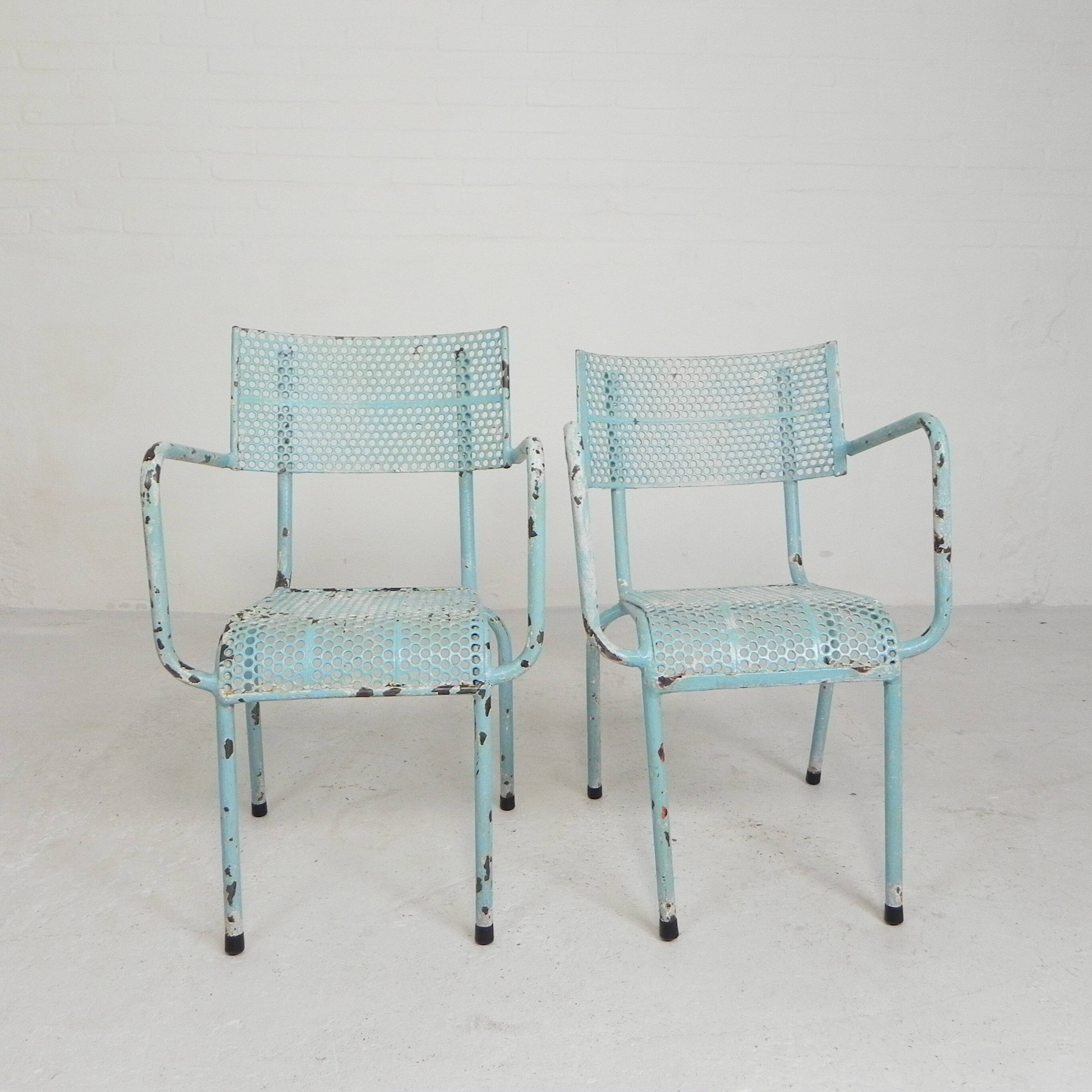 Lot de 2 chaises de jardin industrielles en acier avec accoudoirs, années 1950