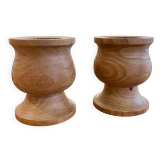 2 turned solid wood candle holders