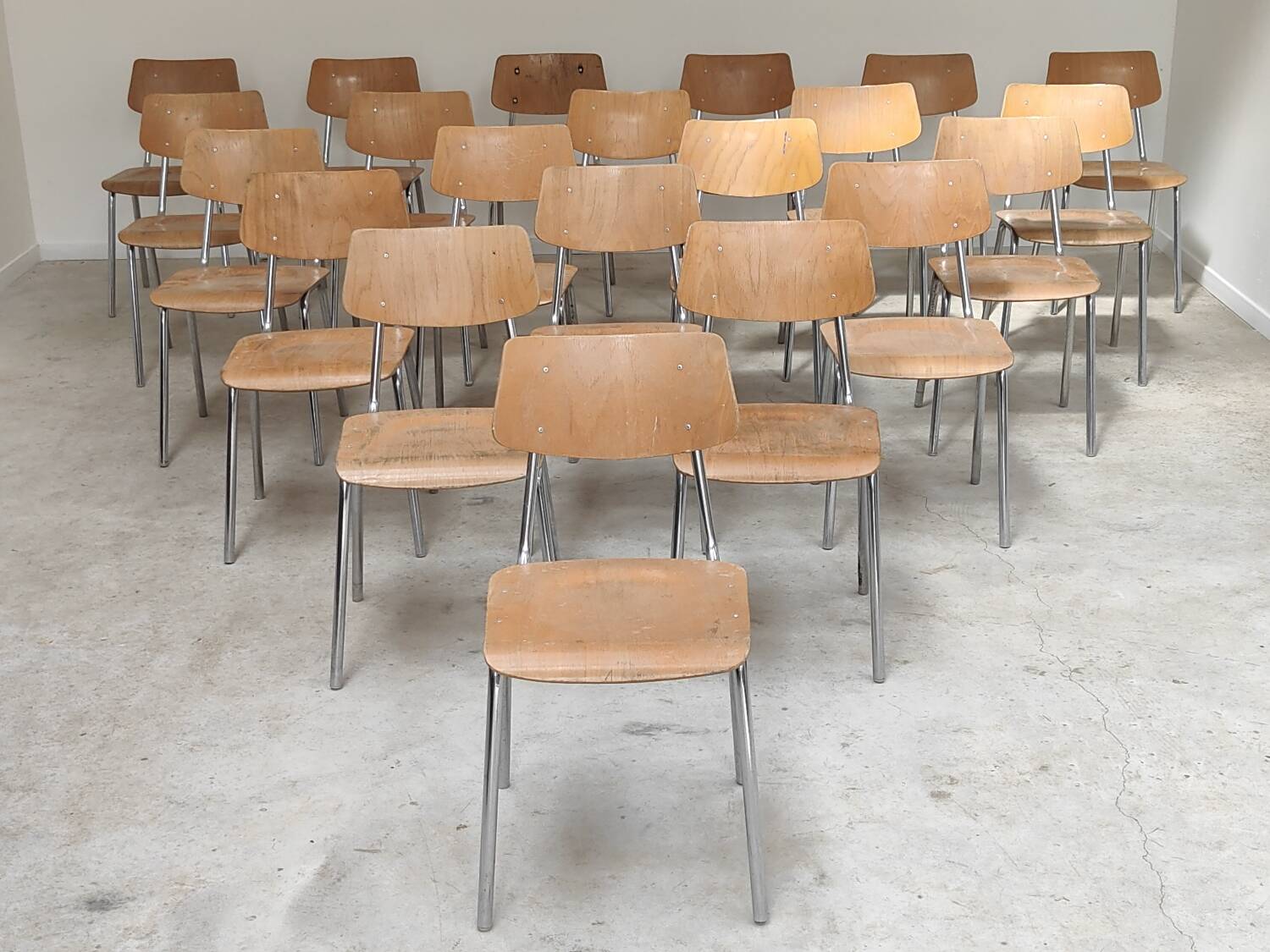 Set of 22 Kovona chrome and wood restaurant chairs