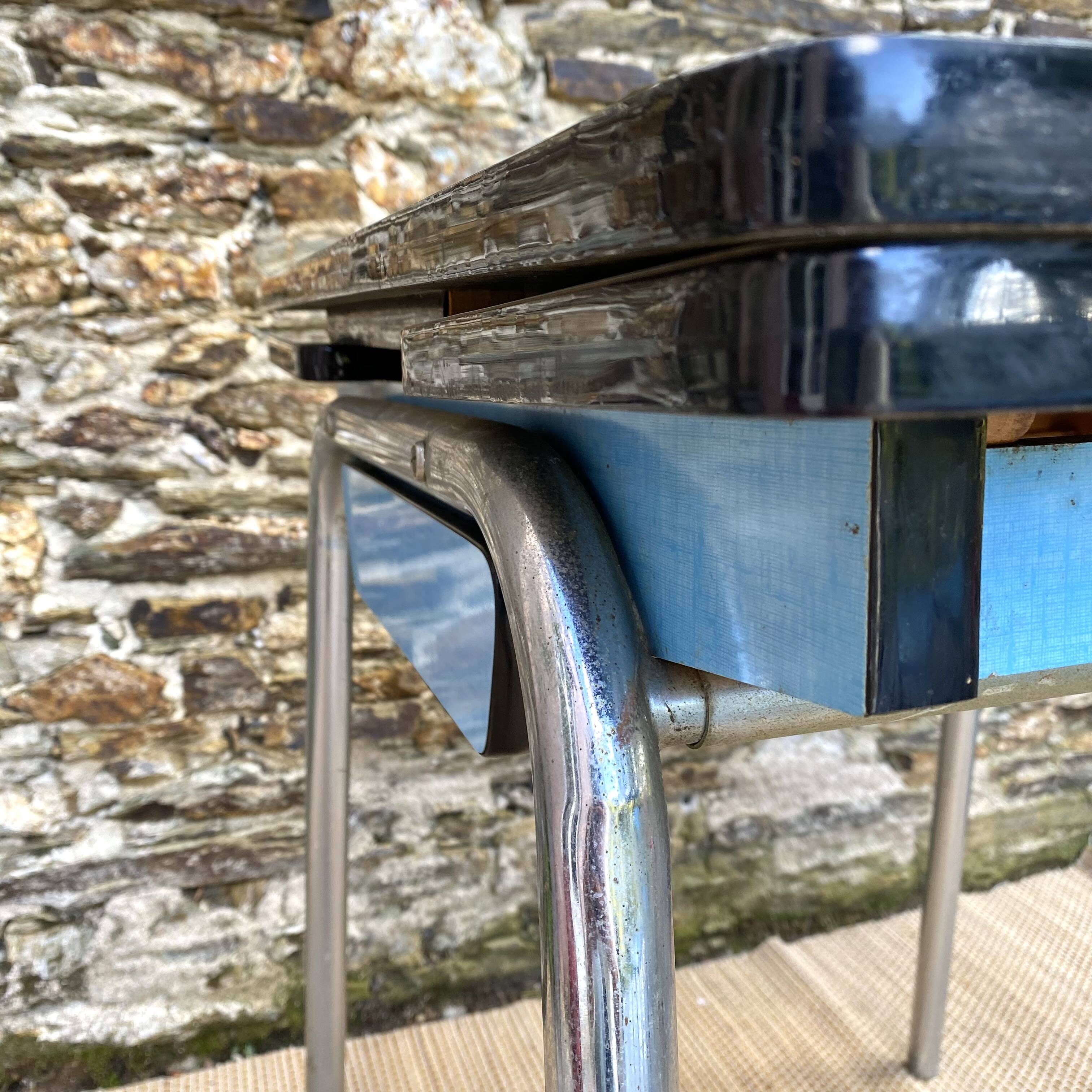 Extendable blue formica table and 2 chairs, 1960s