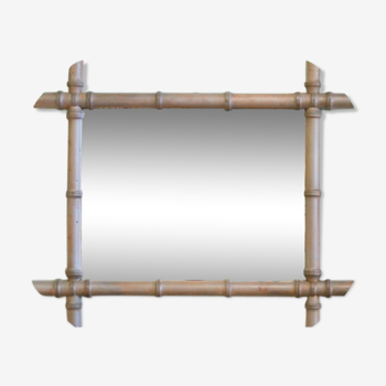Miroir en bois rotin bambou patiné 54 cm 36 cm vintage
