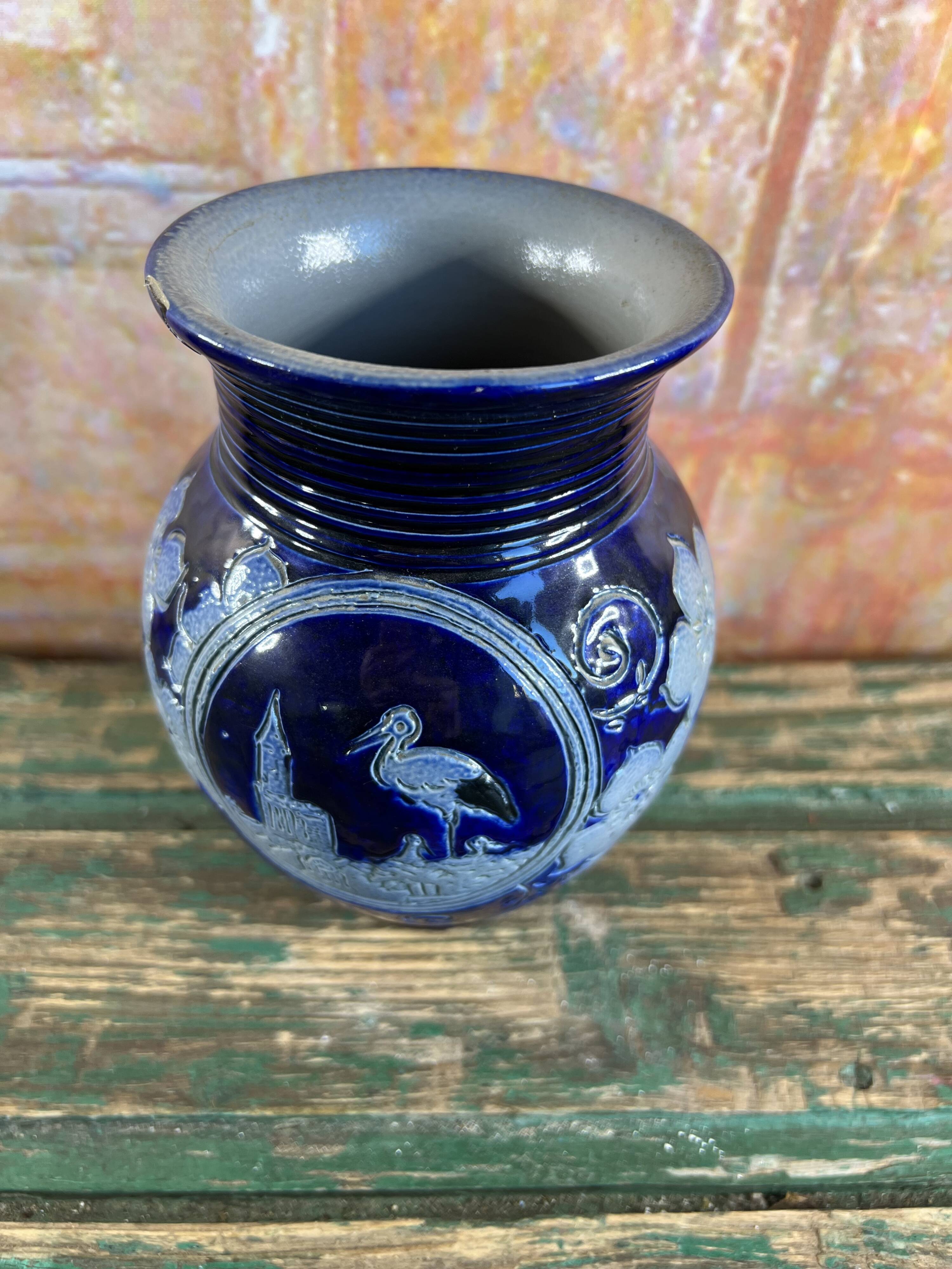 Antique Betschdorf stoneware vase Alsace stork decoration