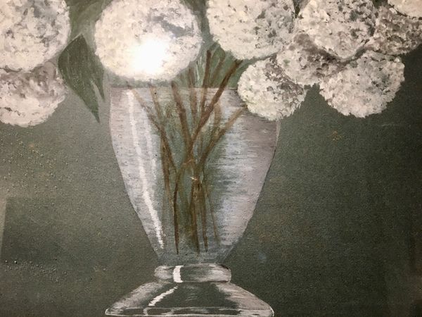 Tableau nature morte aux fleurs blanches années 70