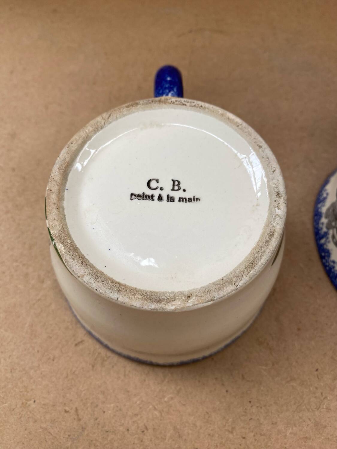 Pair antique quimper cb ceramic beige blue france cup #b287