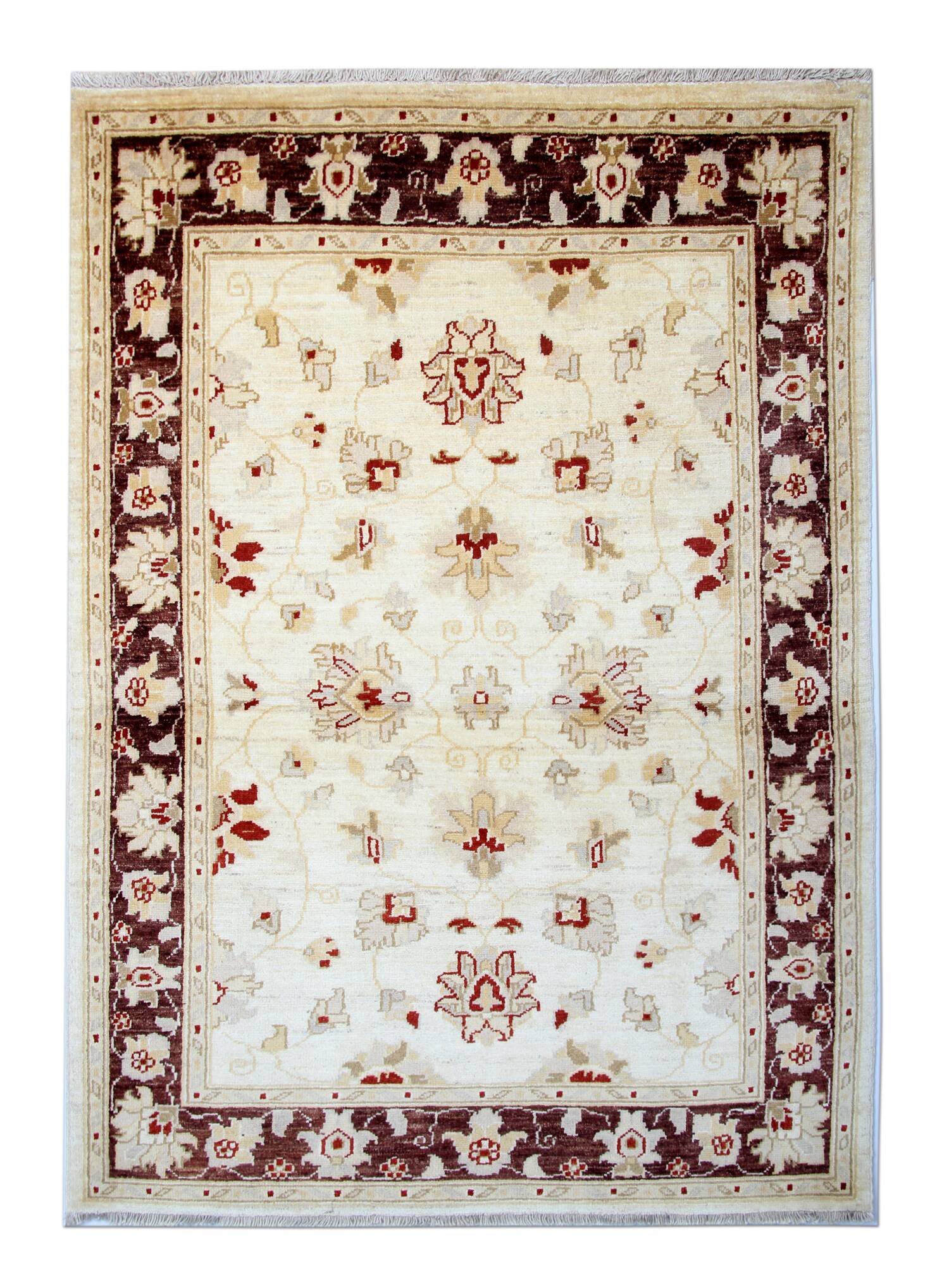 Tapis en laine crème et marron, style oriental traditionnel à motifs floraux, 106 x 150 cm