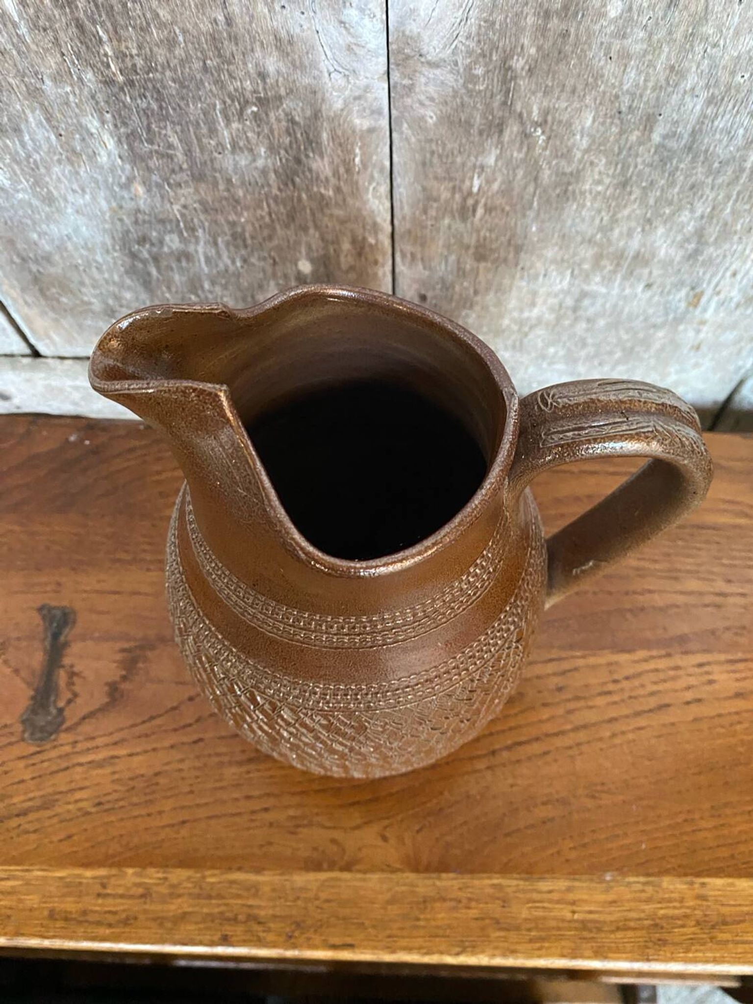 Antique brown stoneware pitcher geometric chiseled decor made in france vintage