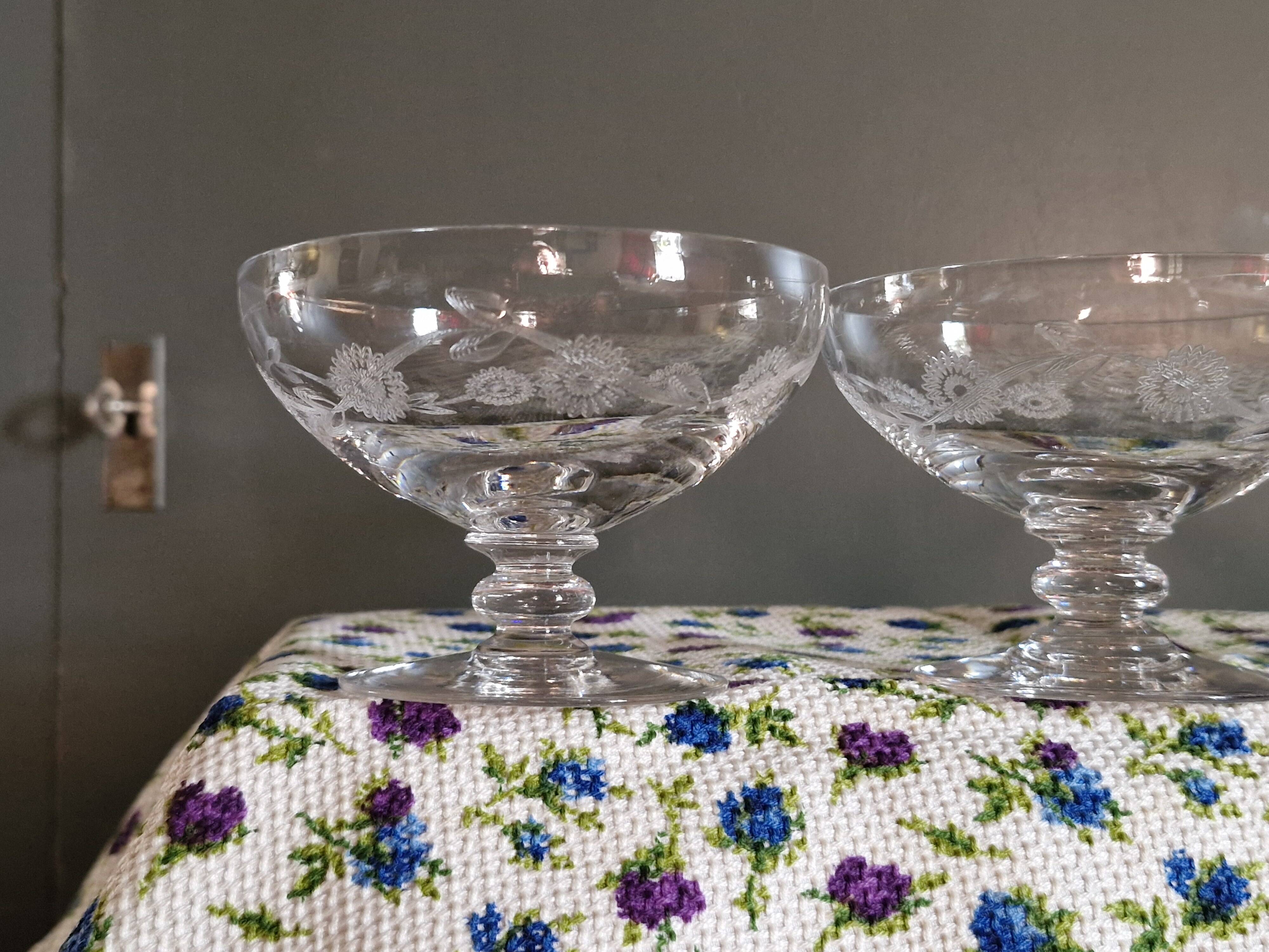 3 Art Deco Champagne Coupes in Engraved Crystal with Daisies