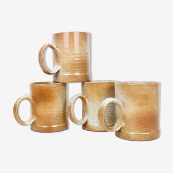 Set de 4 mugs en grès, poterie artisanale, 1980