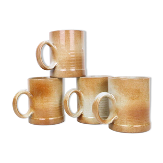 Set of 4 stoneware mugs, artisanal pottery, 1980