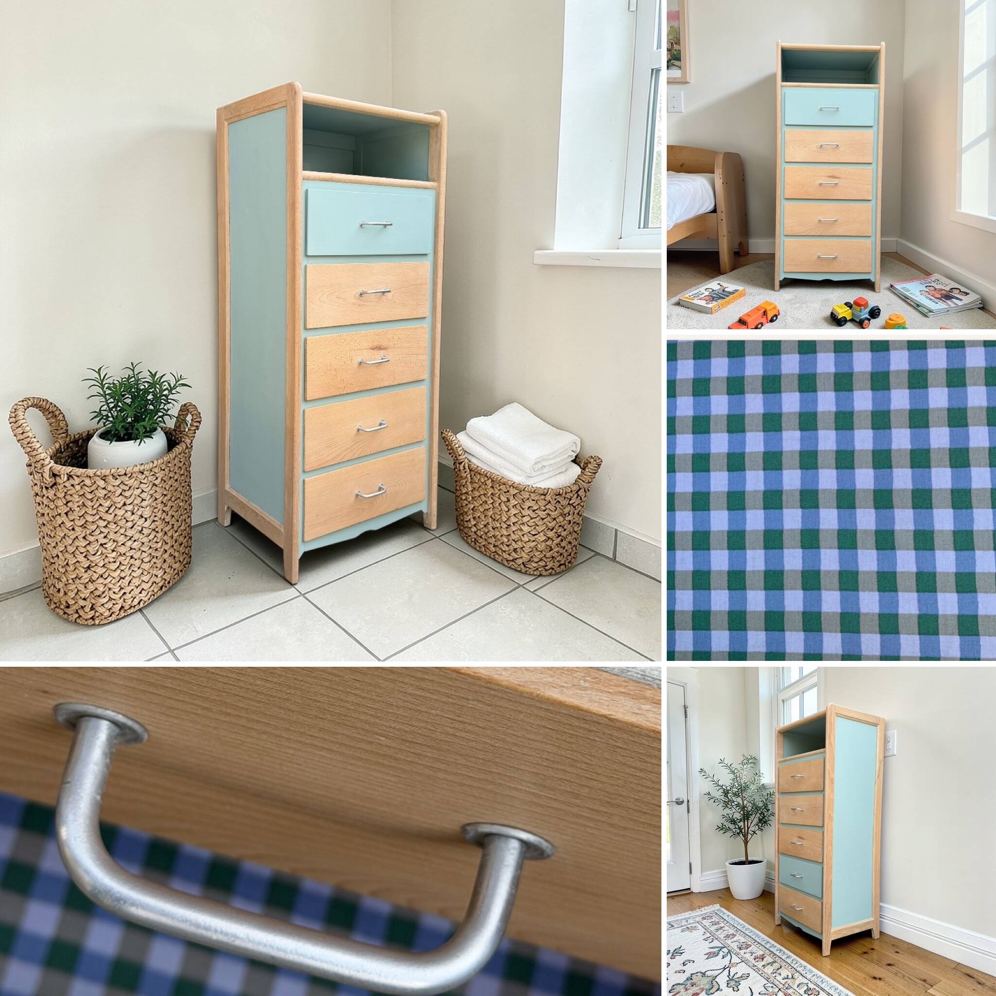 Vintage tall chest of drawers in raw wood and grey-blue from the 1950s.