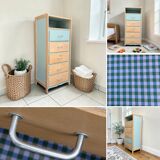 Vintage tall chest of drawers in raw wood and grey-blue from the 1950s.