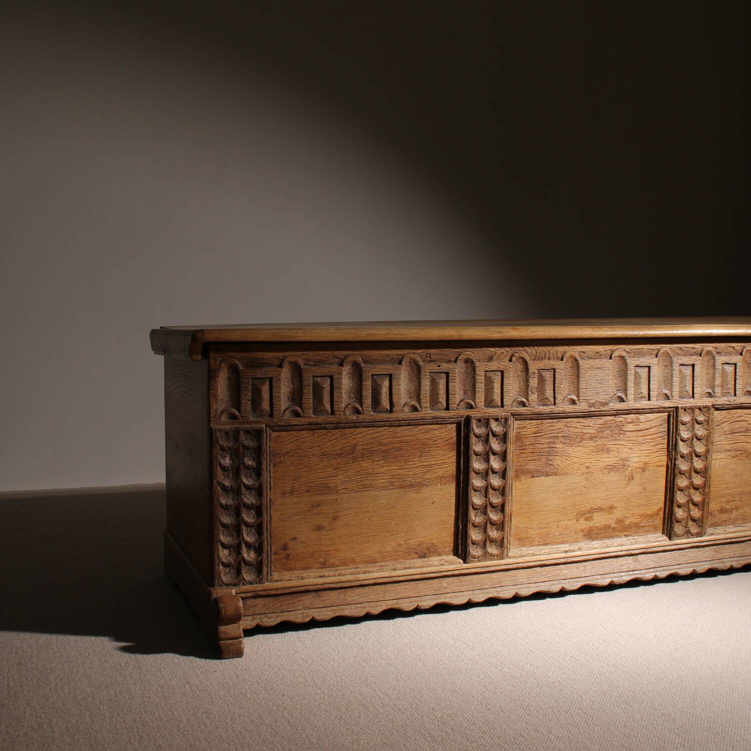Handcrafted Solid Oak Chest with Rustic Carvings | Germany