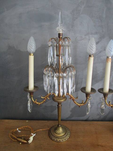 Pair of antique bronze and crystal candelabras - electrified