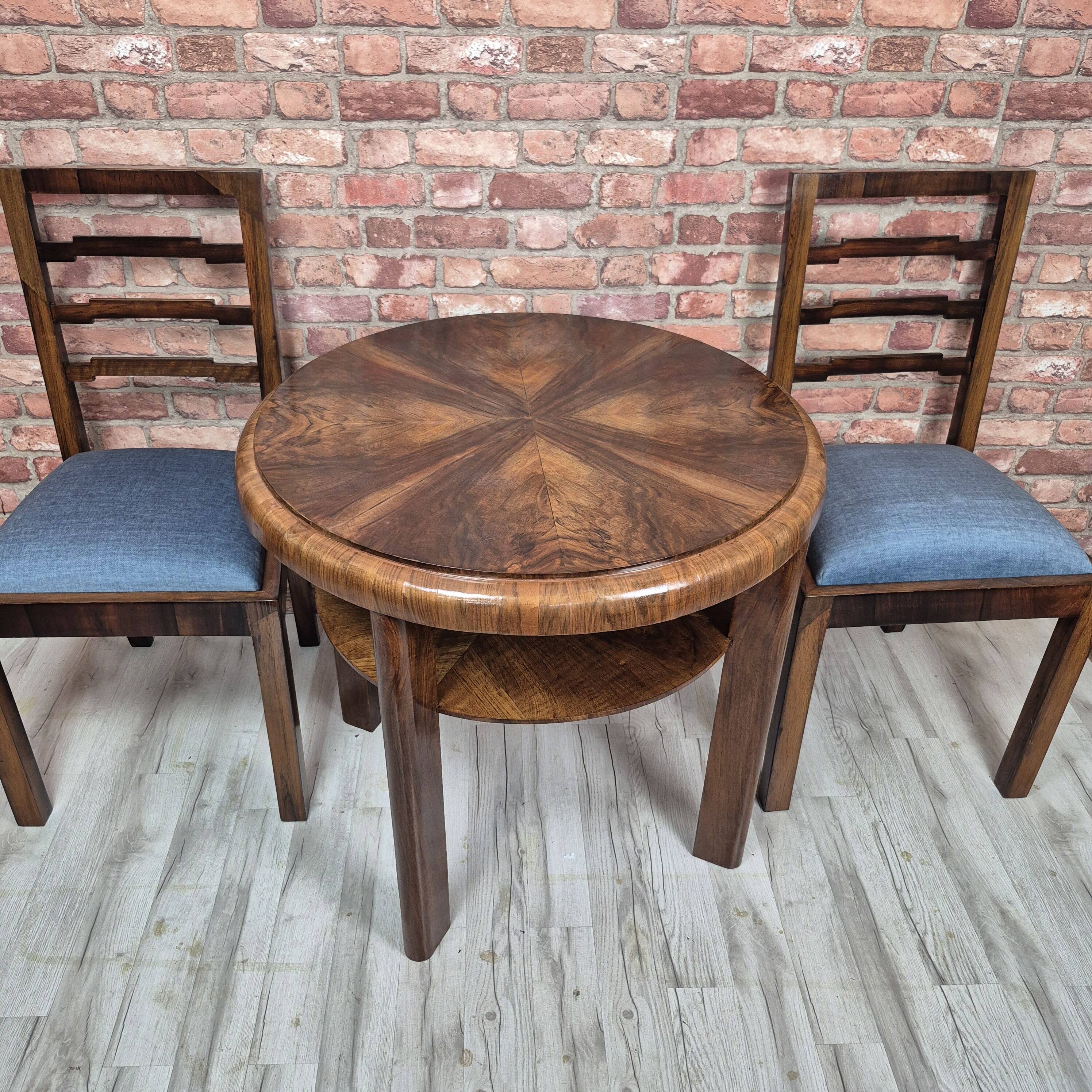 Restored Art Deco Walnut Burl Two-Tier Sunburst Table 1930s