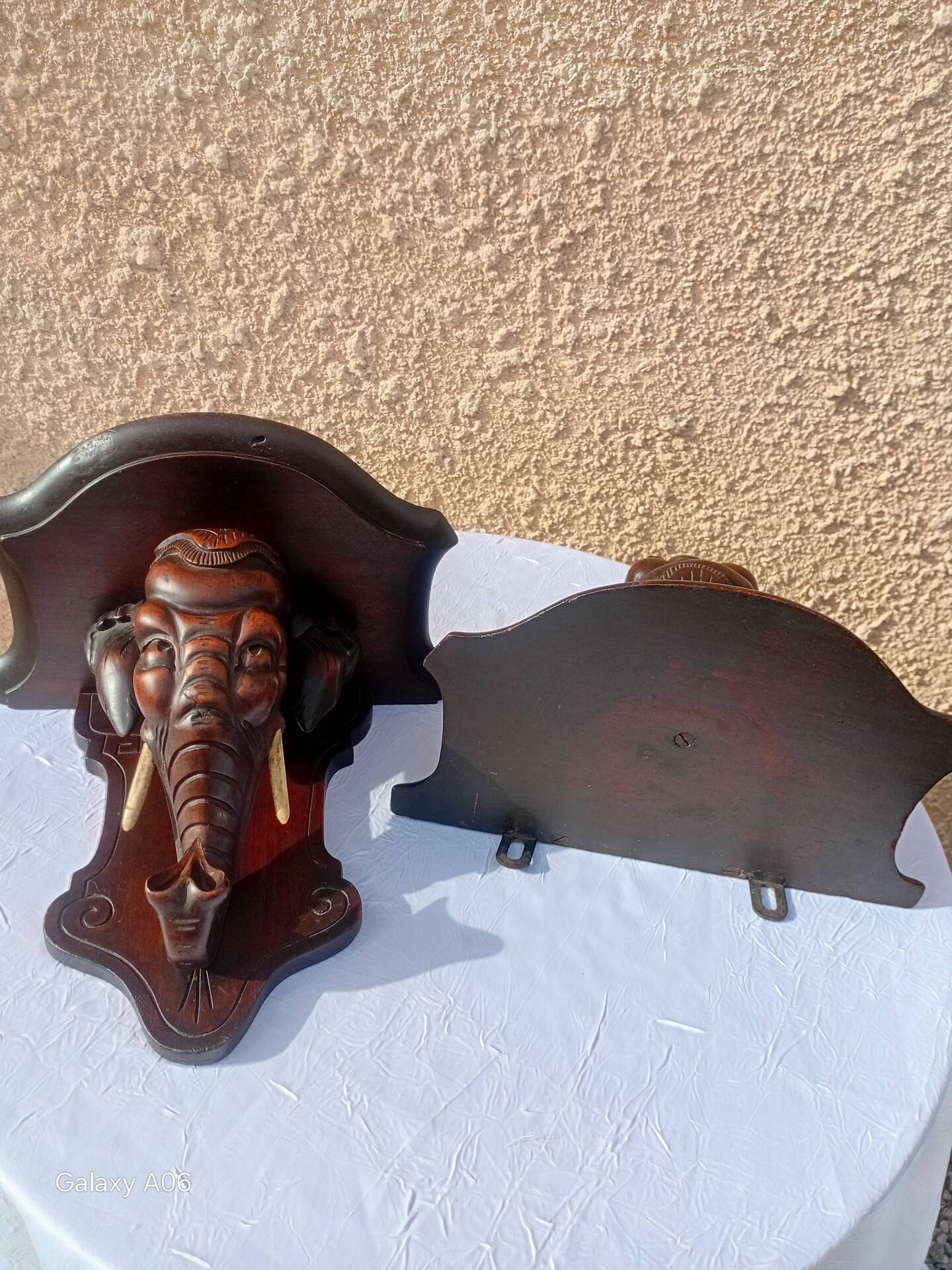 Rare pair of wall-mounted consoles Elephant carved wood J. Derolland