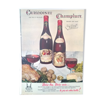 Paper advertisement on Cramoisay and Champlure wine from a period magazine