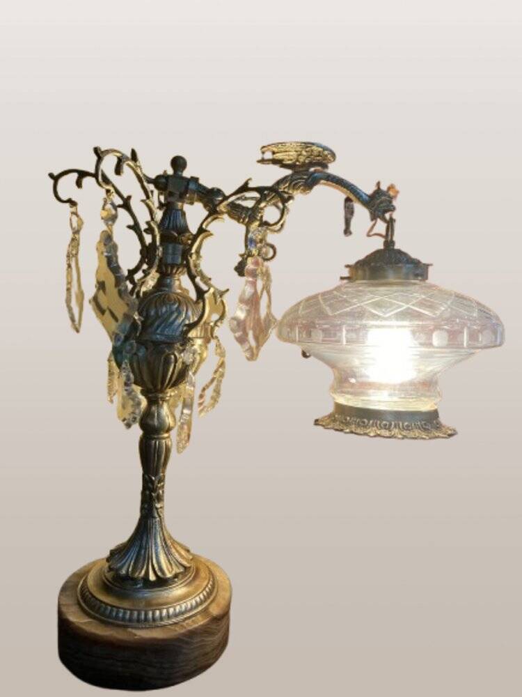 Bronze table lamp with dragon arm and cut glass shade, 1940s